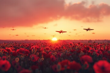 Poster - Beautiful field of red poppies with airplanes flying in the sky. Suitable for travel and nature concepts