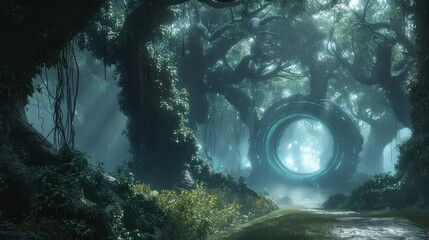 Aufkleber - A forest with a large, glowing circle in the middle. The trees are dark and the sky is cloudy
