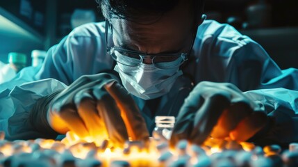 Poster - A man in a lab coat working on a piece of electronic equipment. Suitable for technology and science concepts