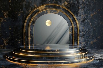 Poster - An empty stage with a moon in the background. Suitable for theatrical or performance concepts