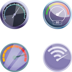 Poster - Modern speedometer icons set cartoon vector. Different type of speedometer. Speed dial indicator