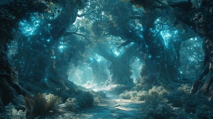 Poster - A forest with trees glowing in the dark. Scene is mysterious and eerie. The trees are illuminated by a blue light, creating a sense of wonder and awe. The forest appears to be a magical place