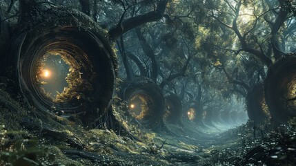 Poster - A forest with a path that is illuminated by a light