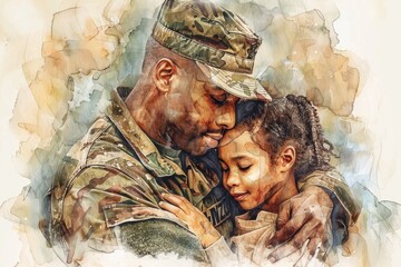 Poster - A touching painting of a soldier holding a little girl. Suitable for patriotic or family-themed projects