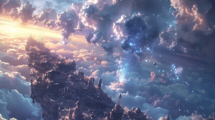 Poster - A beautiful sky with a large building in the middle. The sky is filled with clouds and the sun is setting