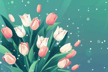Poster - Beautiful pink tulips arranged on a blue background, perfect for springtime events or floral-themed designs