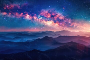 Poster - Majestic mountain range under a sky full of stars, suitable for nature and landscape backgrounds