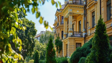 Poster - Urban architecture contrasted with natural greenery. Suitable for real estate or cityscape concepts