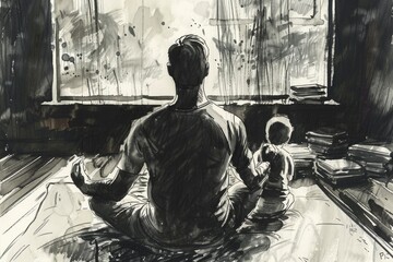 Poster - A drawing of a man sitting by a window, suitable for various design projects