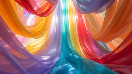 Aufkleber - A colorful, rainbow-colored fabric hangs from the ceiling, creating a vibrant and cheerful atmosphere. The fabric is made up of many different colors, including red, orange, yellow, green, blue