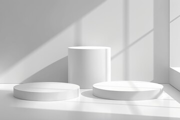 Poster - Three white pedestals in a white room, ideal for showcasing products or art installations