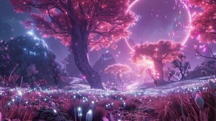 Poster - A forest with pink trees and a glowing orb in the sky