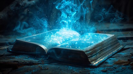 Aufkleber - Book is opened on a table with a blue glow surrounding