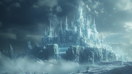Aufkleber - A castle made of ice and snow with a cloudy sky in the background. The castle is tall and majestic, and the clouds in the sky give the scene a moody and mysterious atmosphere