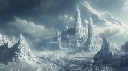 Aufkleber - A snowy landscape with a castle in the distance. The castle is surrounded by mountains and the sky is cloudy. Scene is serene and peaceful, with the snow-covered landscape creating a sense of calmness