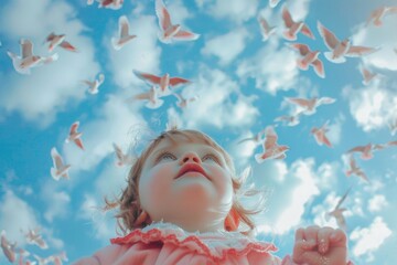 Canvas Print - A little girl looking up at a flock of birds. Suitable for nature and curiosity concepts