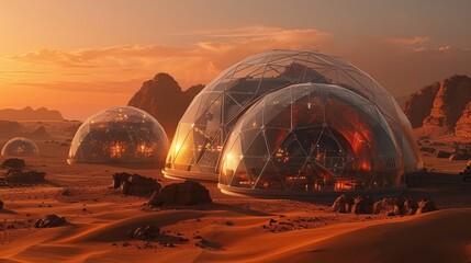 Aufkleber - A desert scene with three domes in the foreground. The domes are made of glass and are lit up. The scene has a futuristic and mysterious feel to it