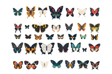 Poster - A group of various colored butterflies resting on a white background. Ideal for nature or spring-themed designs