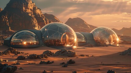 Poster - A desert landscape with three domes in the foreground. The domes are made of glass and are illuminated by the sun. The scene is peaceful and serene, with the sun setting in the background