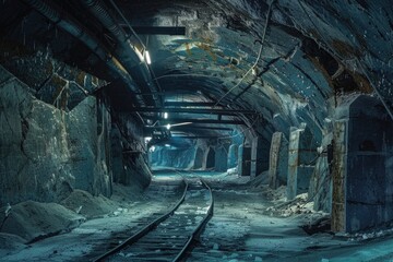 Poster - A train moving through a dark tunnel. Suitable for transportation concepts