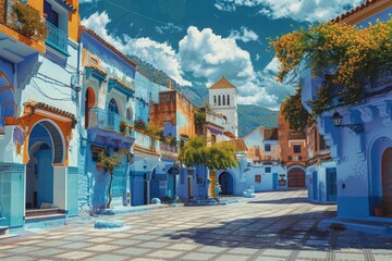 Poster - A picturesque painting of a charming small town street. Suitable for various design projects