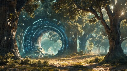 Aufkleber - A forest with a large, glowing, spiral-shaped tunnel. The tunnel is surrounded by trees and the sky is blue. Scene is mysterious and magical