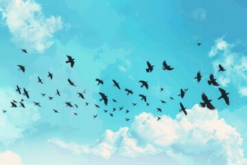 Poster - A flock of birds soaring through the sky. Ideal for nature and freedom concepts