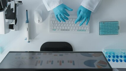 Poster - A geneticist in a high-tech laboratory, where each of her experiments is a step towards a new discovery. Under the microscope and at the computer, she studies the genetic mechanisms of treatment and
