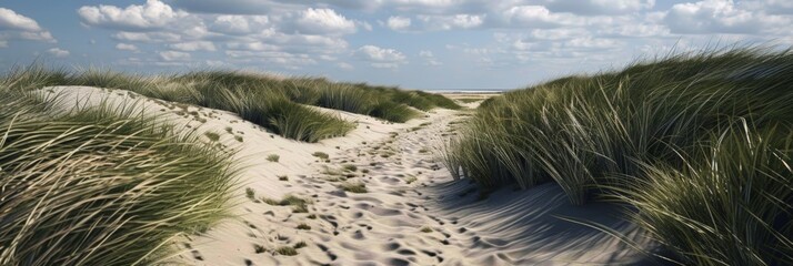 A sandy beach featuring grass and sand dunes under a clear blue sky