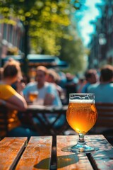 Poster - A glass of beer on a wooden table, perfect for beverage advertising