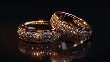 Poster - Two elegant gold wedding rings with sparkling diamonds on a shiny surface. Perfect for wedding and jewelry concepts