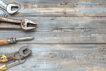 Poster - Various tools arranged on a wooden table, suitable for DIY projects