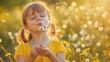 Portrait of a beautiful little girl happily in the park blowing dandelions. AI generated image