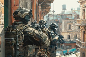 Poster - A group of soldiers standing by a building. Suitable for military and urban themes