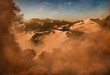 Sand dunes Sahara Desert at sunset and sandstorm, 3D illustration