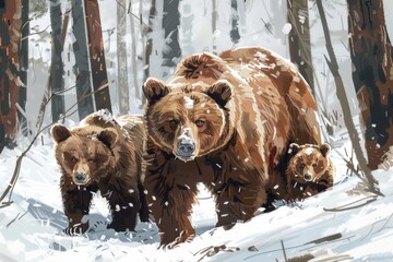 Canvas Print - Three bears in a snowy forest, suitable for winter themes