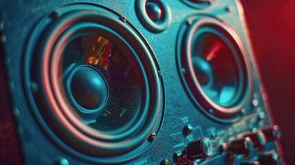 Aufkleber - A close up image of a speaker with a red light in the background. Suitable for technology and music related projects