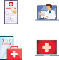 Wall Mural - Tele medicine icons set cartoon vector. Virtual doctor treatment. Telemedicine and healthcare concept