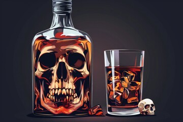 Poster - A bottle of alcohol with a skull design, suitable for Halloween themes