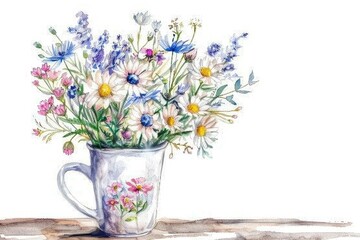 Poster - Beautiful watercolor painting of a bouquet of flowers in a cup. Perfect for home decor or greeting cards