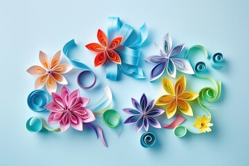 Poster - Vibrant paper flowers arranged on a blue background. Perfect for craft or spring-themed designs