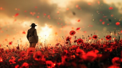 Poster - A man standing in a field of vibrant red flowers. Ideal for nature or outdoor concepts