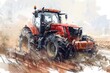 A painting of a red tractor in a field. Suitable for agricultural concepts