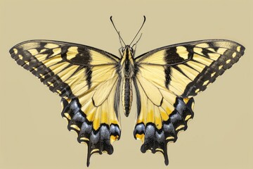 Poster - A beautiful yellow and black butterfly on a neutral beige background. Perfect for nature or insect-themed designs