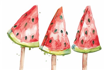 Poster - Fresh watermelon slices on wooden skewers. Perfect for summer menus and healthy eating concepts