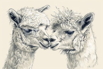 Wall Mural - A drawing of two llamas facing each other. Suitable for animal lovers and nature enthusiasts