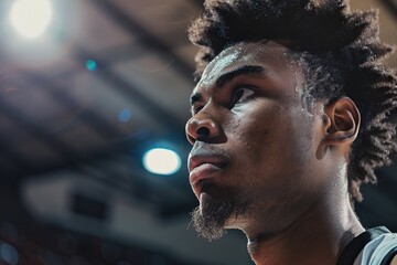 Focused basketball player with sweat on his face, looking determined on the court.