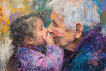 Poster - Affectionate moment captured in a painting. Suitable for family and love themes