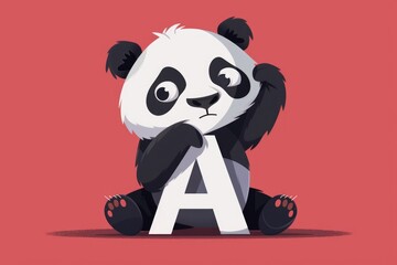 Poster - Cute panda bear sitting on the ground with the letter A next to it. Perfect for educational projects or alphabet learning materials