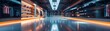 © DJSPIDA FOTO - A futuristic clothing store with glass walls and shelves, and a shiny floor.